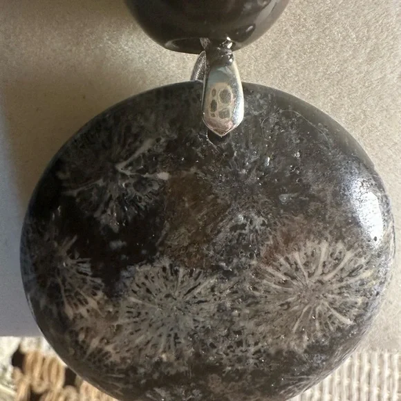 Round Black Coral Fossil Jade Pendant Necklace - Picture 10 of 11